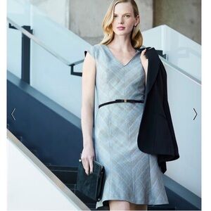 WHBM 2P Emilya Black w Cabernet Cap Sleeve A-Line Houndstooth Plaid NWOT